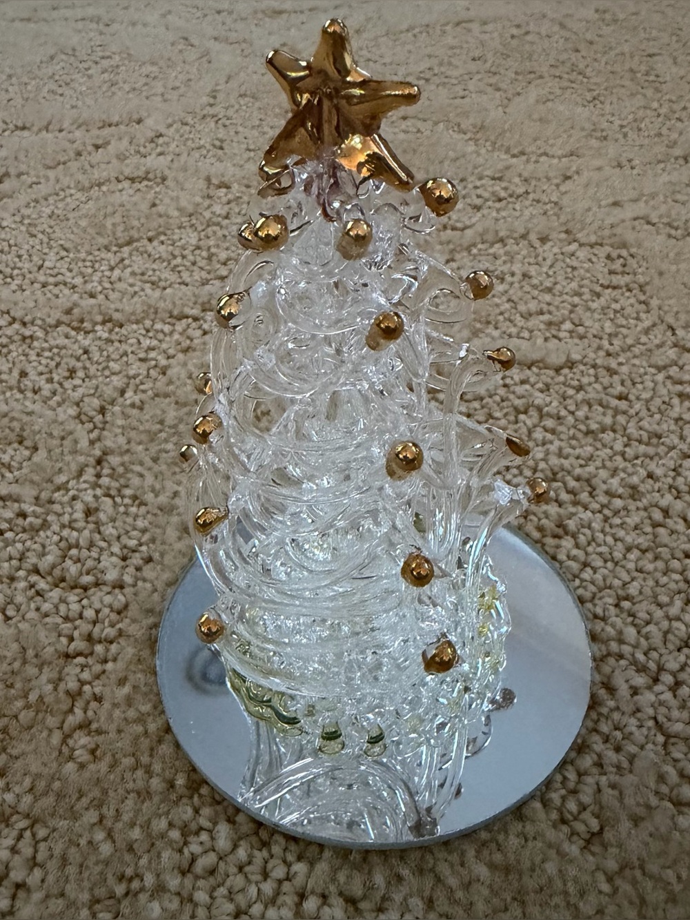 Clear Glass Holiday Tree with Gold Star and Ornaments